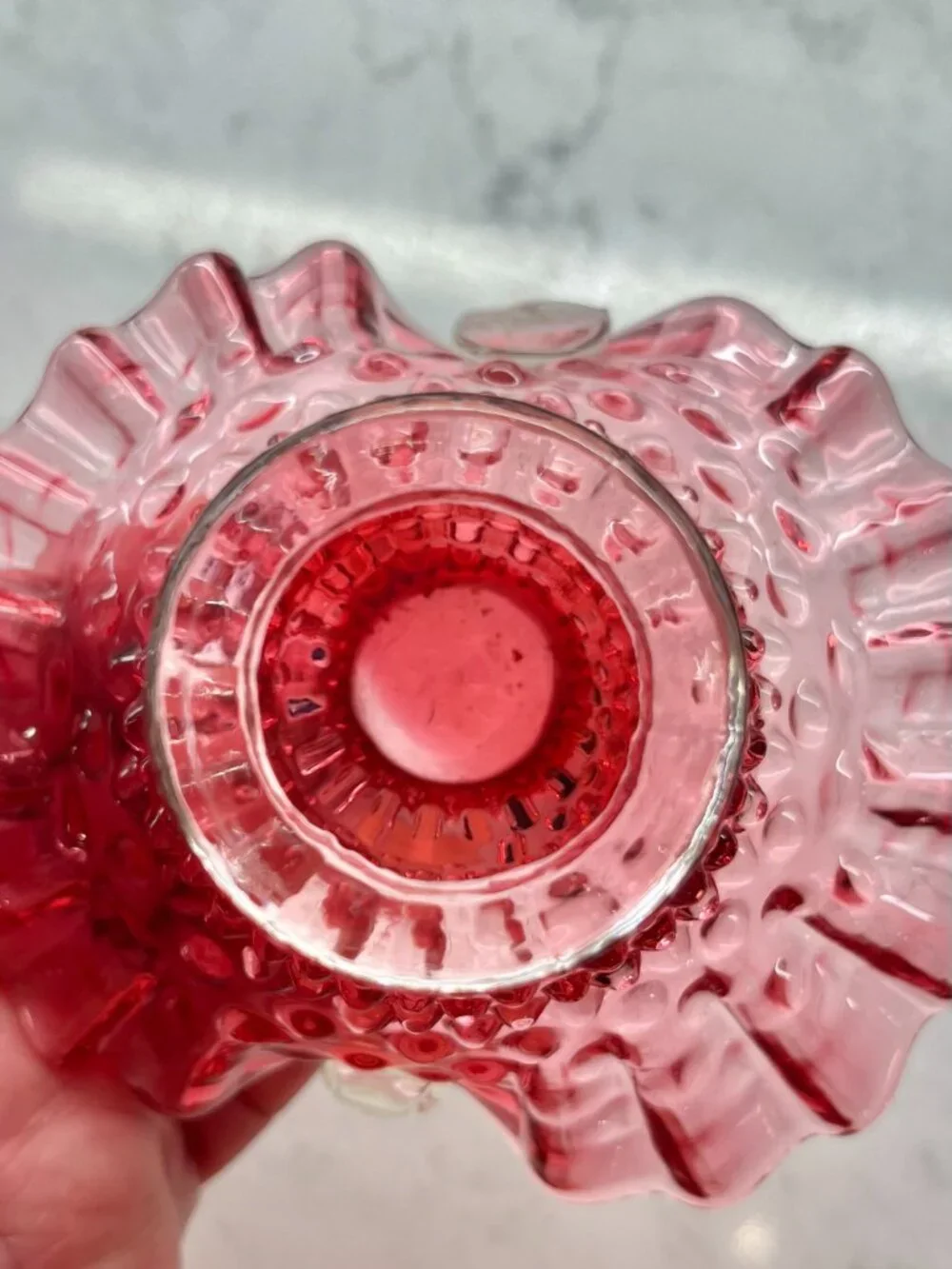 Vintage Fenton Cranberry Opalescent Hobnail Glass Basket